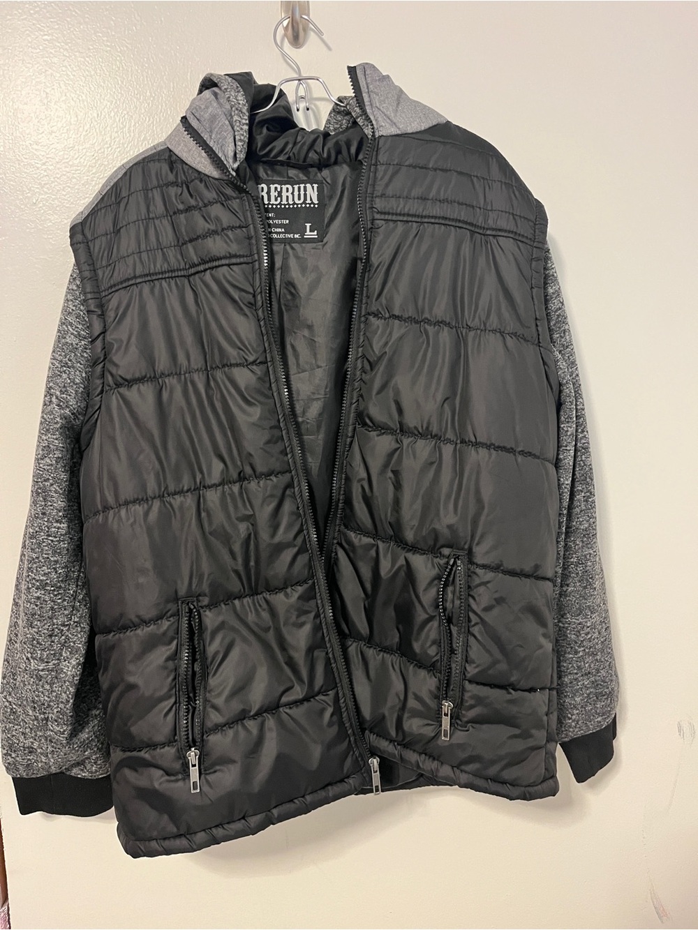 Rerun Men’s Black Quilted Puffer Jacket with Gray Sleeves & Hood